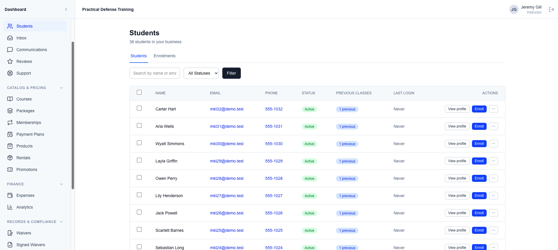 The student roster with contact details, status, and class history